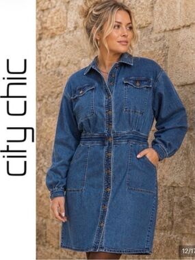 22W City Chic Denim “Ryder” Button-Front Shirt Mini Dress in Blue
